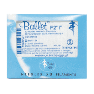 Blue box of Ballet F2 insulated electrolysis needles, displaying product details and logo with ballet dancer silhouette. Text mostly in English and French.