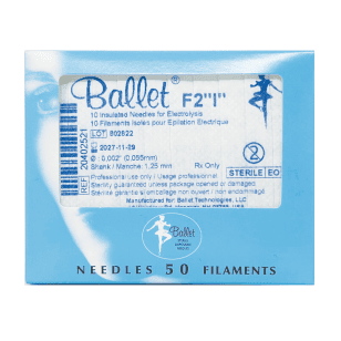 Blue box of Ballet F2 insulated electrolysis needles, displaying product details and logo with ballet dancer silhouette. Text mostly in English and French.