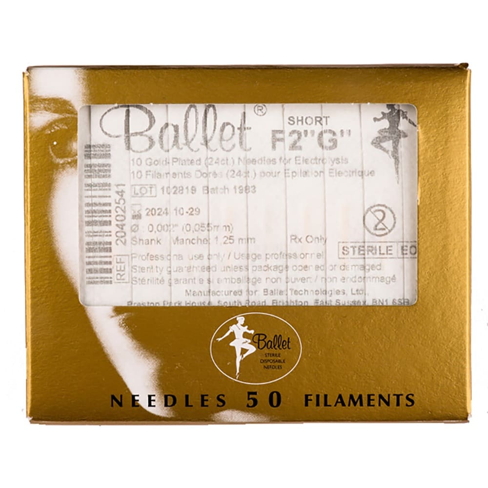 Gold packaging of Ballet electrolysis needles. A clear window shows 50 filaments labeled "short." Elegant design with dancer logo.